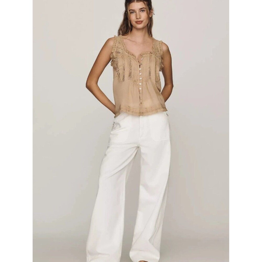 By Anthropologie 100% Cotton Lace Ruffle Tank Top Buttondown Sleeveless S 290294